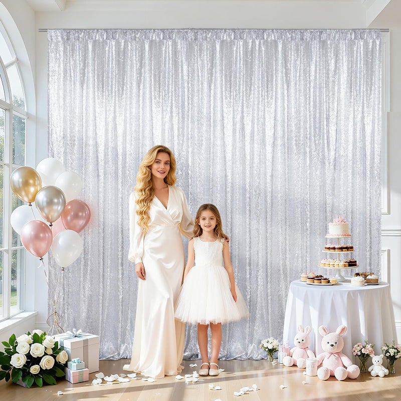 SquarePie Sequin Backdrop Curtain Background Opaque Non-Transparent Satin Sparkly for Wedding Party 10FT x 10FT Silver - Image 3